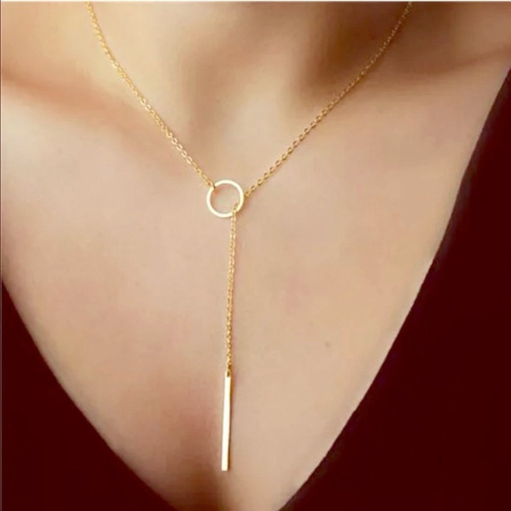 Gold Bar Circle Lariat Necklace